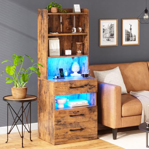 AOGLLATI Tall Night Stand with Charging Station and LED Lights, Nightstand with 3 Drawers, Bedside Table with Bookshelf, Modern End Side Table for Bedroom, Rustic Brown