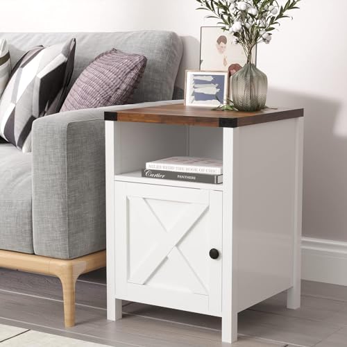 4ever2buy Farmhouse Nightstand, Bedside Tables Night Stand for Bedrooms, Rustic End Table with Barn Door and Storage Shelf, Industrial Nightstand Accent Table for Living Room, White