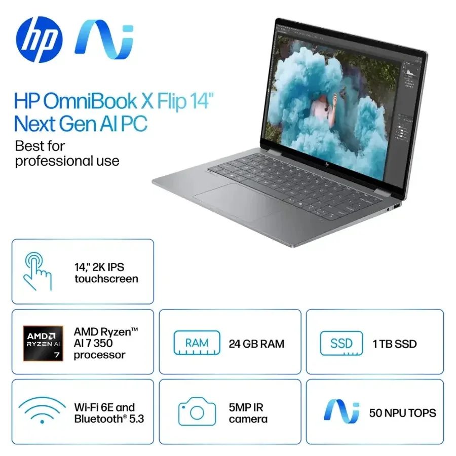 HP OmniBook X Flip Copilot+ PC 14” WUXGA 2-in-1 Touchscreen Laptop, AMD Ryzen AI 7 350, 24GB RAM, 1TB SSD, Windows 11 Home