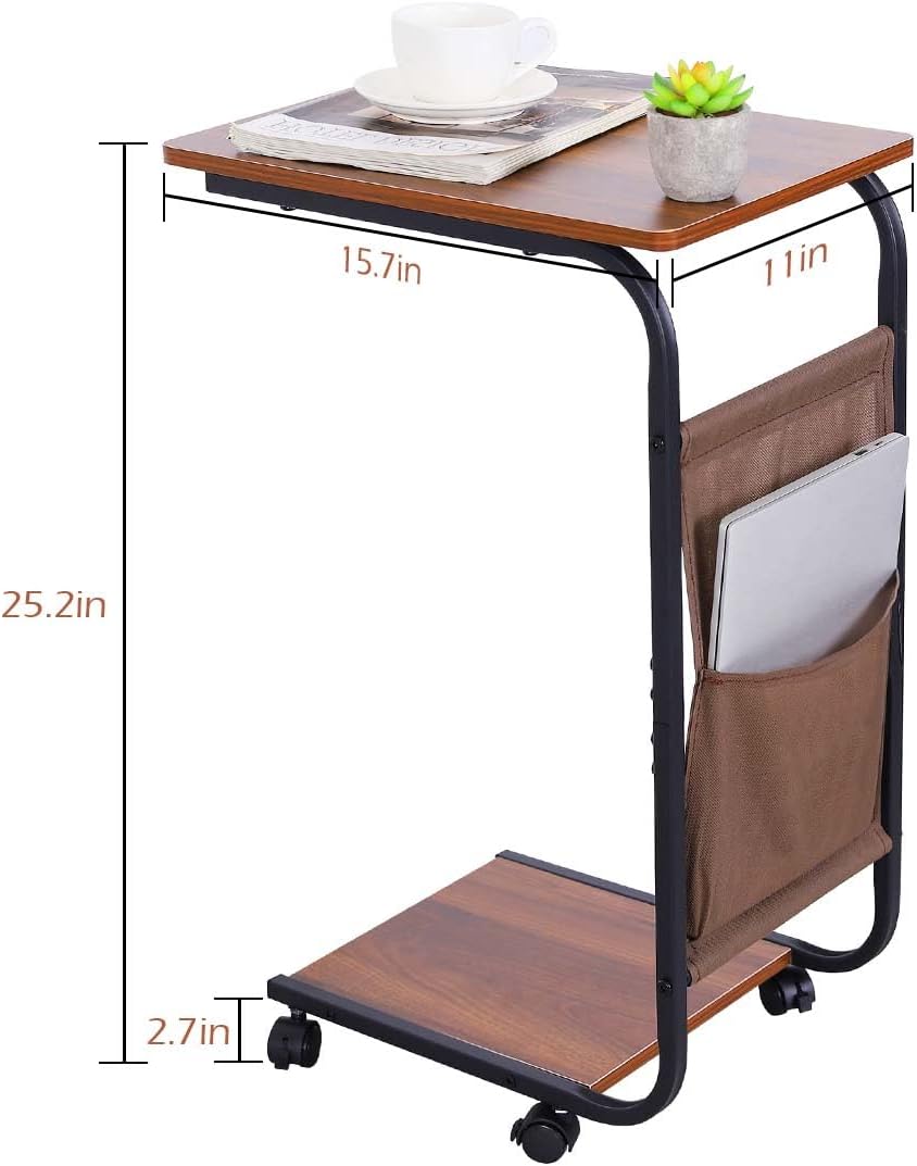 C Shaped End Table Movable Couch Side Table with Storage Bag Small 2 Tier Sofa Bed Side Table with Sturdy Metal Frame and Lockable Wheels for Living Room & Bedroom (15.7