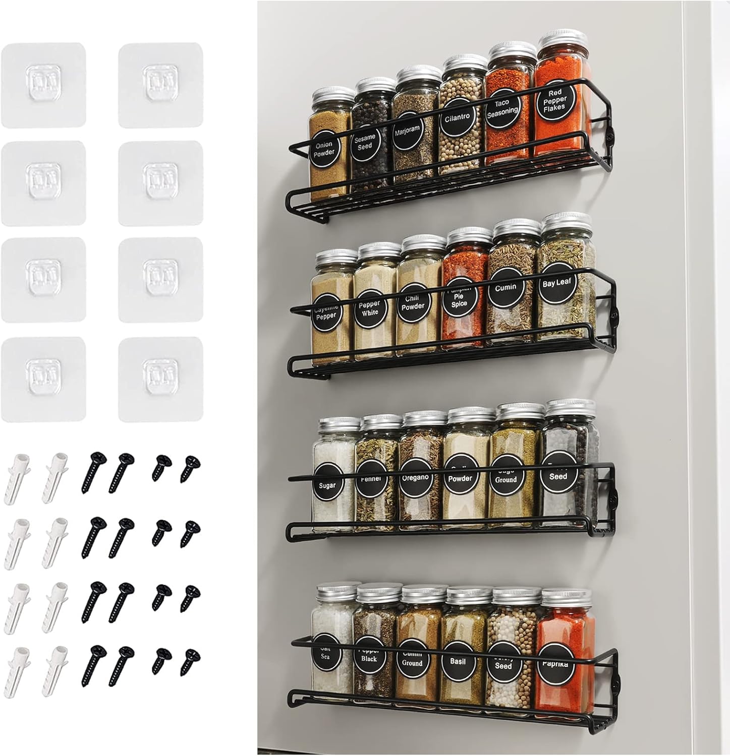 4Pcs Spice Rack Wall Mount Space Upgrade of Bolded Saving Spice Organizer for Spice Jars and Seasonings,Screw or Adhesive Hanging Spice Shelf Rack Organizer for Kitchen Cabinet Pantry Door