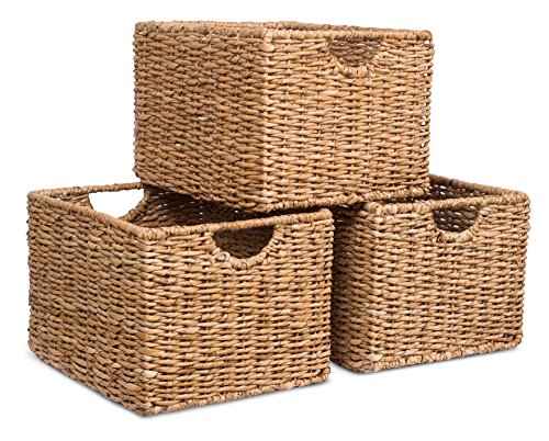 BIRDROCK HOME Storage Shelf Organizer Baskets with Handles - Set of 3 - Seagrass Wicker Basket - Pantry Living Room Office-Bathroom Shelves Organization - Under Shelf Basket - Handwoven (Natural)