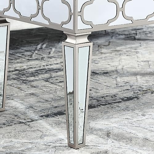 LUMISOL Glass Mirrored Coffee Table with Crystal Design, Modern Rectangle Silver Table with Adjustable Height Legs for Living Room, Silver