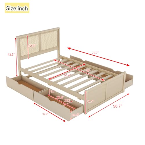 Full Size Platform Bed with Rattan Headboard, Wood Bed Frame with 4 Storage Drawers, for Bedroom, Nature