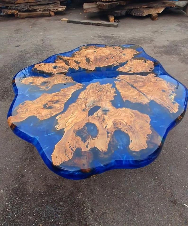Tuzech Customized Resin Epoxy Round Table Top, Blue Ocean River Look, Coffee Table Design, Resin Table, Luxury Decor Table, Walnut Table, Wooden Resin Table, (28.5
