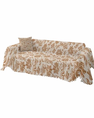 Abstract Floral Blue Sofa Cover Couch Covers for 3 Cushion Couch Throw Couch Cover with Tassel Soft Sofa Slipcover Vintage Flowers Textured Beige Couch Furniture Protector for Dog Pet 71