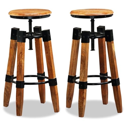 Industrial Style Height-Adjustable Wooden Bar Stools 2 pcs Solid Mango Wood for Home and Commercial Use