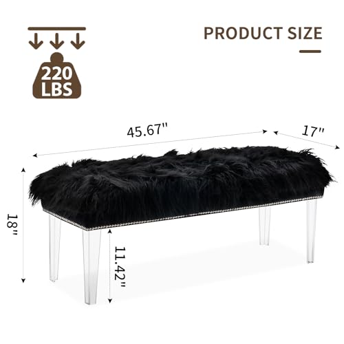 Modern Black Faux Fur Ottoman Bench - Upholstered Furry Bench with Acrylic Legs for Bedroom, Living Room, Entryway, Vanity or Bed End