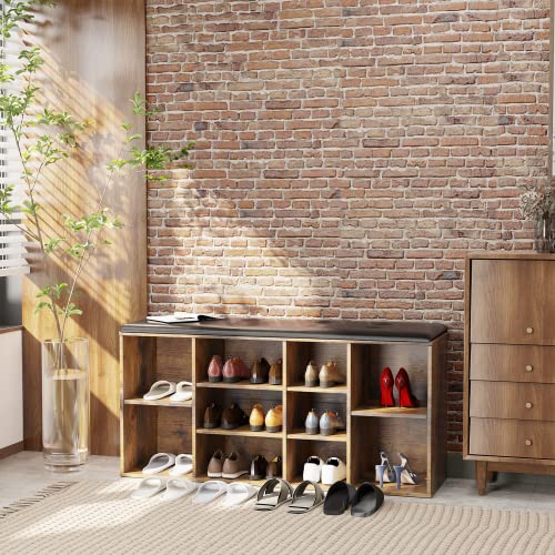 EasyCom Bench Shoe Rack with Soft Cushion -Shoe Storage Bench for Entryway - Shoe Rack Bench for Bedroom, Aisle Hallway, Living Room, Vintage Brown