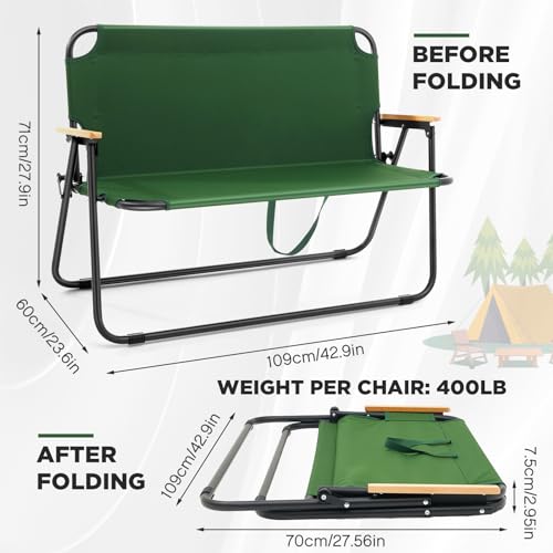 2 Pcs Folding Double Lawn and Camping Chair 2 Person Lightweight Weatherproof Chair Table Cot Bench for Backyard Patio or Campsite with Carry Bags Handles (Black)
