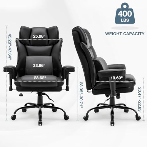 Warmiehomy Executive Office Chair, Big and Tall Office Chair with Adjustable Armrests Black Home Office Desk Chairs, PU Leather Ergonomic Computer Desk Chair with Masage Lumbar Support