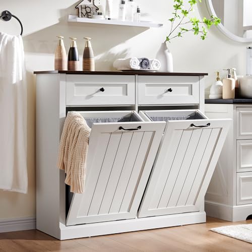 Tilt Out Laundry Hamper Cabinet, 10 Gallon Farmhouse Trash Can Cabinet with Drawer, Hidden Wood Garbage Can Bin Cabinet with Laundry Storage Basket for Bathroom, Kitchen, White