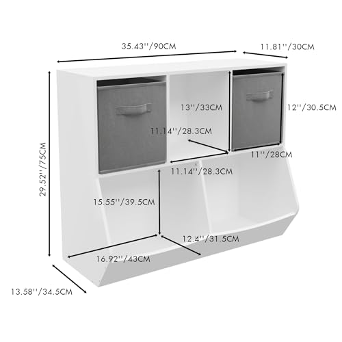 Kids Bookshelf Toy Storage Organizer Wood Book Shelf for Kids Rooms with Collapsible Fabric Drawers, Cube Toy Storage Cabinet Toddler Book Toy Shelf for Playroom,Bedroom, Nursery (White+Grey)