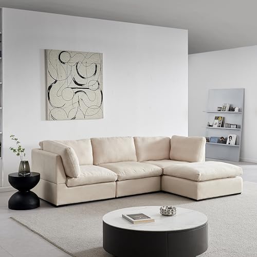 Tian Modern Minimalist Style L-Shaped Sectional Sofa Set, Luxury Large Linen Upholstery Modular Cloud Couch with Convertible Ottoman Chaise (Beige, L-Shaped Short Back)