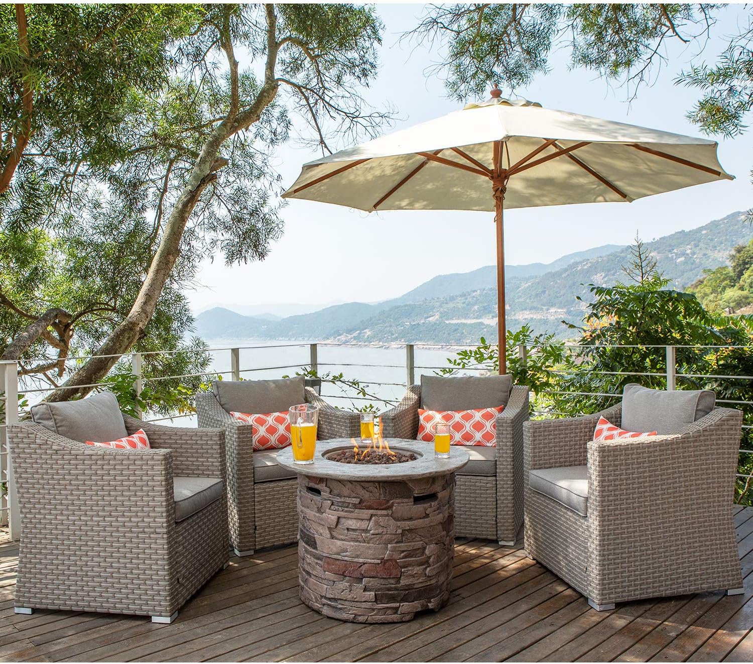 COSIEST 5-Piece Stone Imitation Fire Pit Outdoor Furniture Sectional Sofa, Gray Wicker Red Pillows Conversation Set, 4 Chairs w 32-inch Round Fire Table (40,000 BTU) for Garden, Pool, Backyard