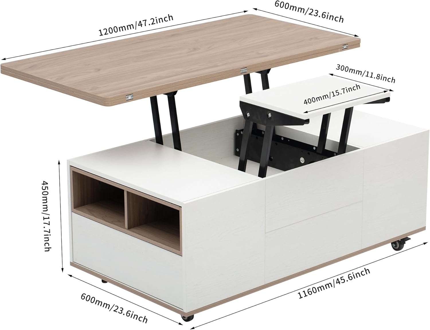 Lift Top Coffee Table with Wheels, Living Room Hub Console with Multi Storage Drawers & Hidden Compartment, Convertible into three modes, Ider for Small Space, White