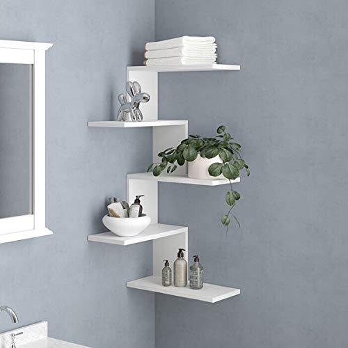 RANK Modern 5-Tier Floating Corner Shelves Wall Mounted Display Organizer Storage Shelf for Bathroom, Bedroom, Living Room, Kitchen, Office and More (White)