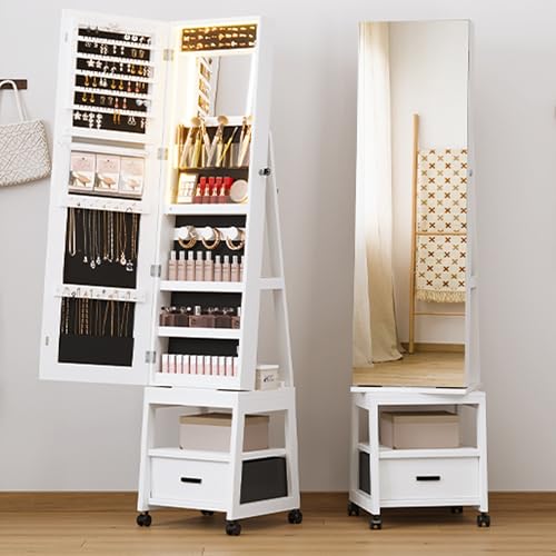 IDEALHOUSE 360° Swivel Jewelry Cabinet with LED Lights,Inside Makeup Mirror,Rotatable Full Length Mirror with Jewelry Storage,Lockable Standing Jewelry Armoire Organizer with Drawer and Wheels (White)