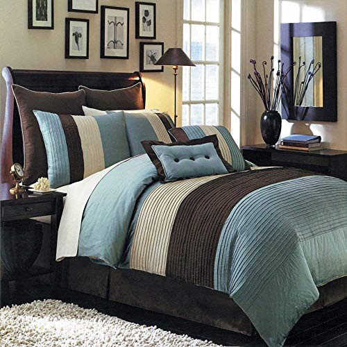 Royal Hotel Bedding Hudson Teal-Blue, Brown, and Cream Olympic Queen Size Luxury 8 Piece Comforter Set Includes Comforter, Bed Skirt, Pillow Shams, Decorative Pillows