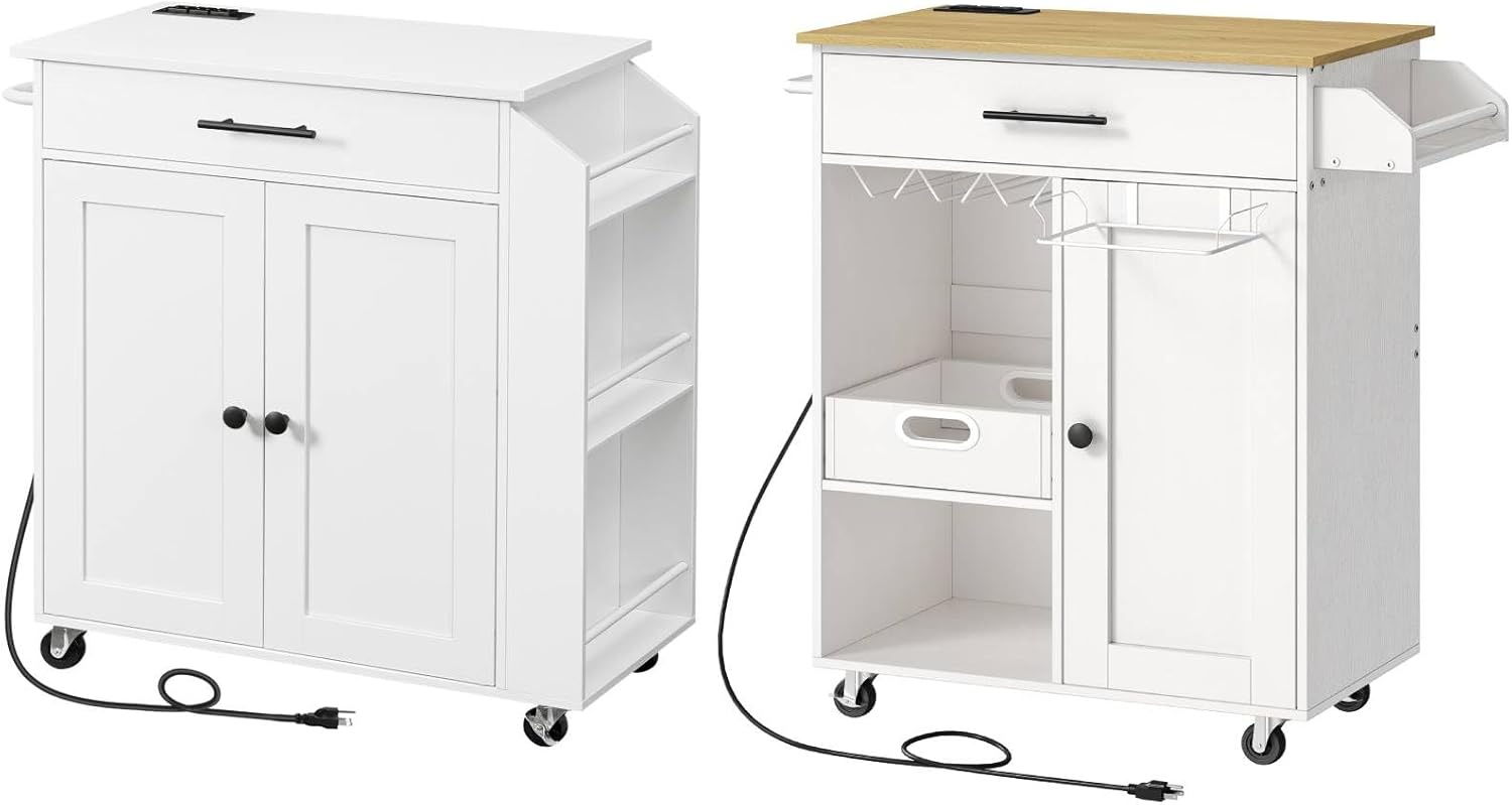 HOOBRO Rolling Kitchen Island Cart and Kitchen Island with Power Outlet Bundle, Kitchen Storage Island with Spice Rack and Drawer, for Home, Kitchen and Dining Room WT82UZD01G1-WN90UZD01