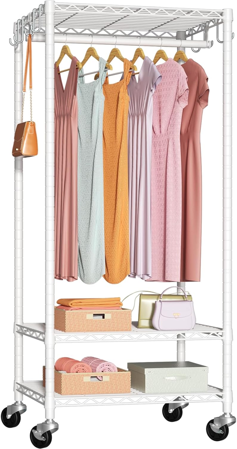 P6 Mini Rolling Clothes Rack Heavy Duty, Clothing Racks for Hanging Clothes, Freestanding Garment Rack with Wheels, Portable Closet Rack Max Load 360LBS, 23.6''W x 14''D x 74.6''H, White