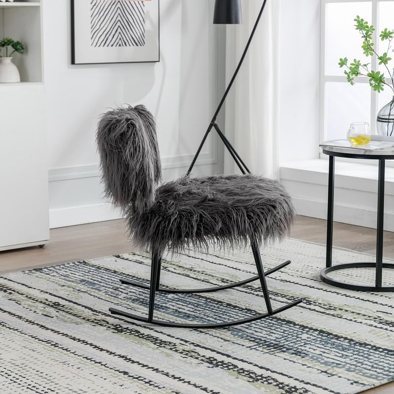 Mid Century 25.2'' Wide Faux Fur Plush Rocking Chair, Retro Leisure Chair with Metal Rocker, Fluffy Upholstered Glider Chair, Club Chairs for Living Room, Studio, Office, Dressing Room