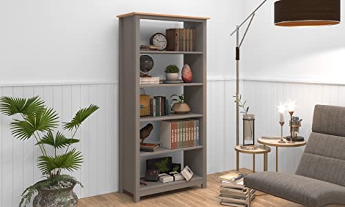 Set of Two Tall Solid Pine Wood Bookcases - Slim, Narrow, and Tall, Perfect for Office or Living Room (White/Pine Top)