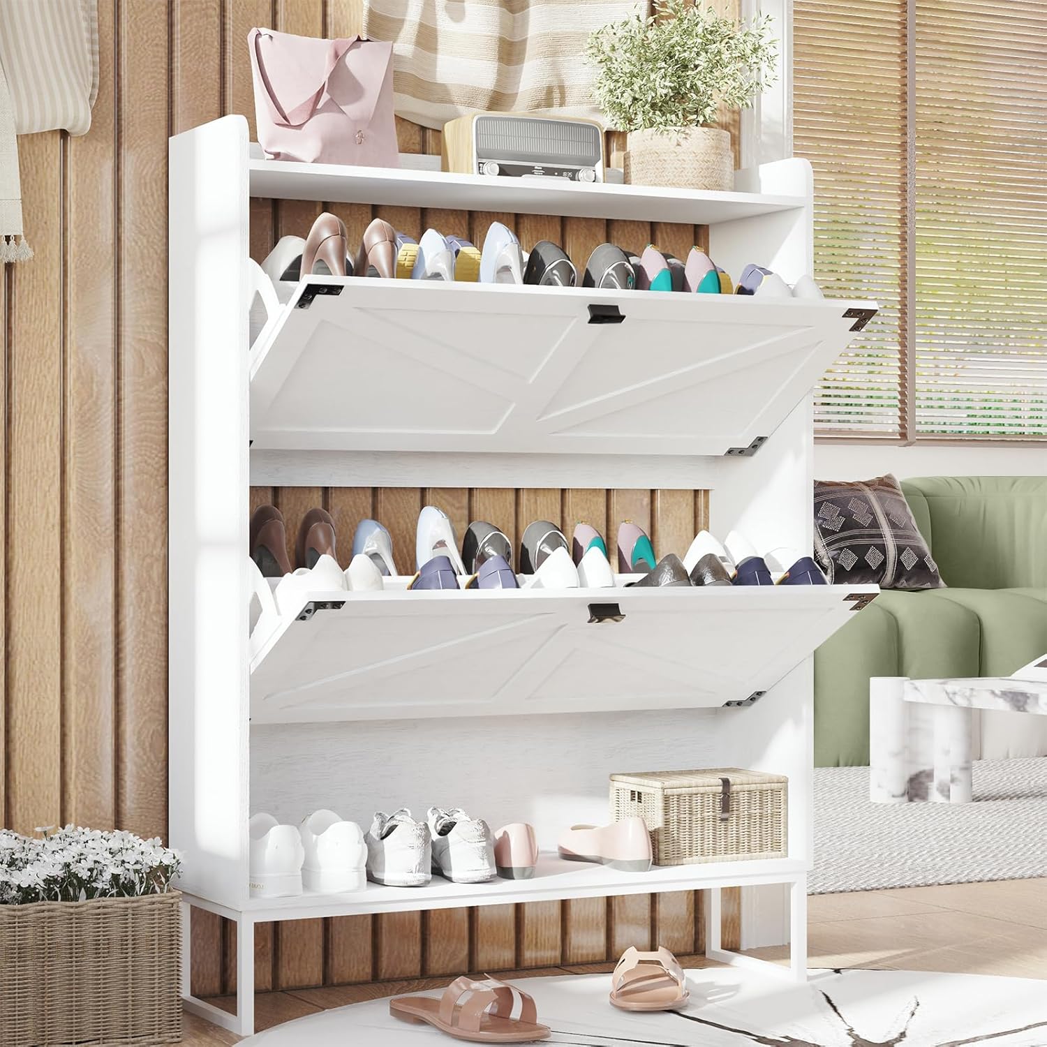 Farmhouse Shoe Cabinet with 2 Flip Drawers, Shoe Storage Cabinet with Metal Leg & Open Storage, Wooden Shoes Rack Narrow Shoe Storage Organizer for Entryway, Hallway, Living Room, White