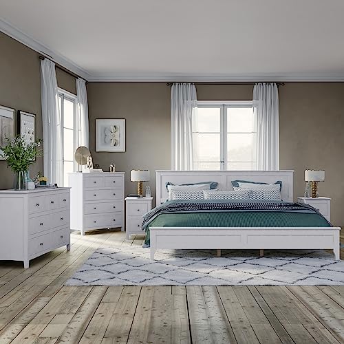 Merax 3-Piece Bedroom Furniture Set, Antique White Wood Bedroom Set with Queen Size Platform Bed w/USB Charging Ports, 6-Drawer Dresser and Nightstand