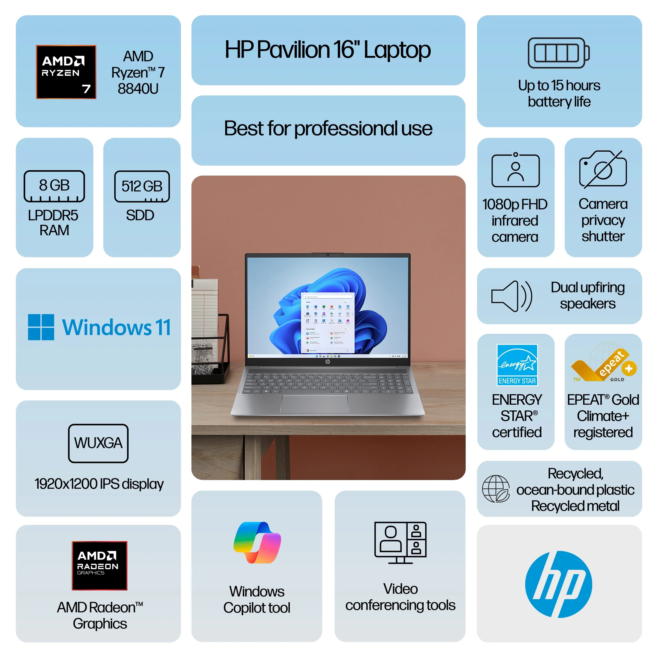 HP Pavilion 16 inch Laptop AMD Ryzen 7-8840U AI PC 8GB RAM 512GB SSD Meteor Silver