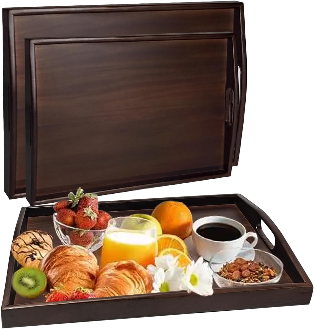 Wood Serving Tray with Handles, Walnut Ottoman Tray, 15x11 inches Wooden Serving Tray Ideal for Living Room Tray for Breakfast Tray Perfect for Party Dessert Display (Set of 2)