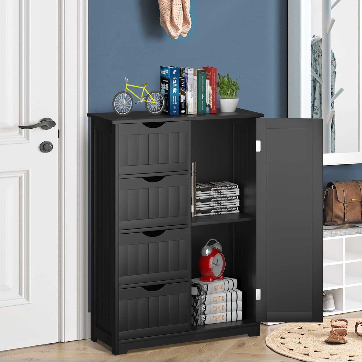 Bathroom Floor Cabinet, Freestanding Storage Organizer Unit with Adjustable Shelf, 1 Doors and 4 Drawers, Wooden Freestanding Cupboard for Entryway Kitchen Living Room (Black)
