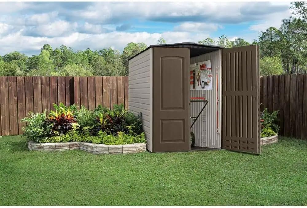 Rubbermaid Large Vertical Resin Outdoor Storage Shed With Floor (5 x 6 Ft), Weather Resistant, Brown, Organization for Home/Backyard/Garden Tools/Lawn Mower/Bike Storage/Pool Supplies