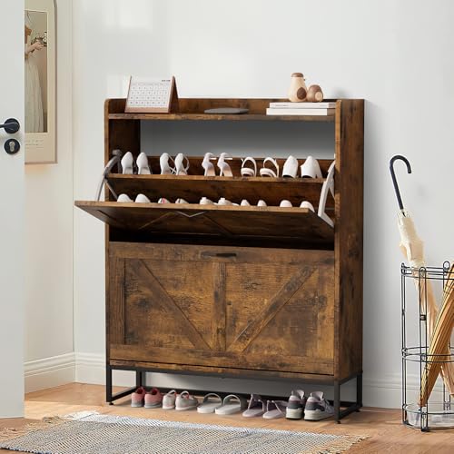 ROWHY Shoe Cabinet Storage, Shoe Organizer Space Saver with 2 Flip Drawers and Metal Legs, Hidden Freestanding Shoe Rack for Entryway, Foyer, Hallway, White