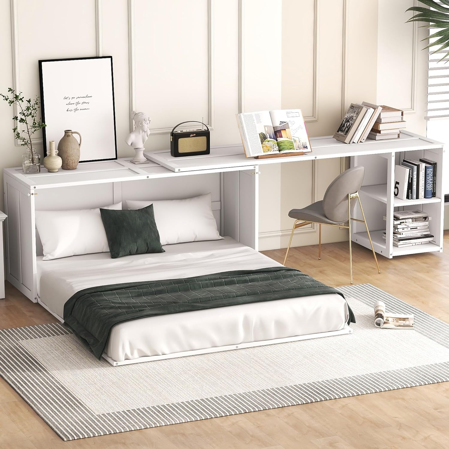 Queen Size Murphy Bed with Rotable Desk and Storage Shelves, Murphy Cube Queen Cabinet Bed for Small Spaces, White