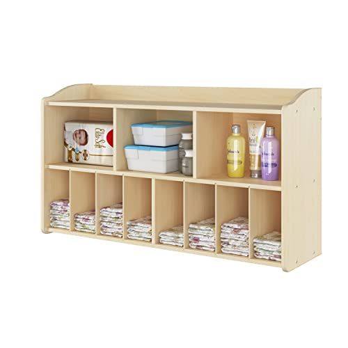 Foundations SafetyCraft Wall- Mounted Diaper Organizer for Daycares, 3 Large & 8 Small Storage Compartments, Maple Wood Construction, Maximum Durability