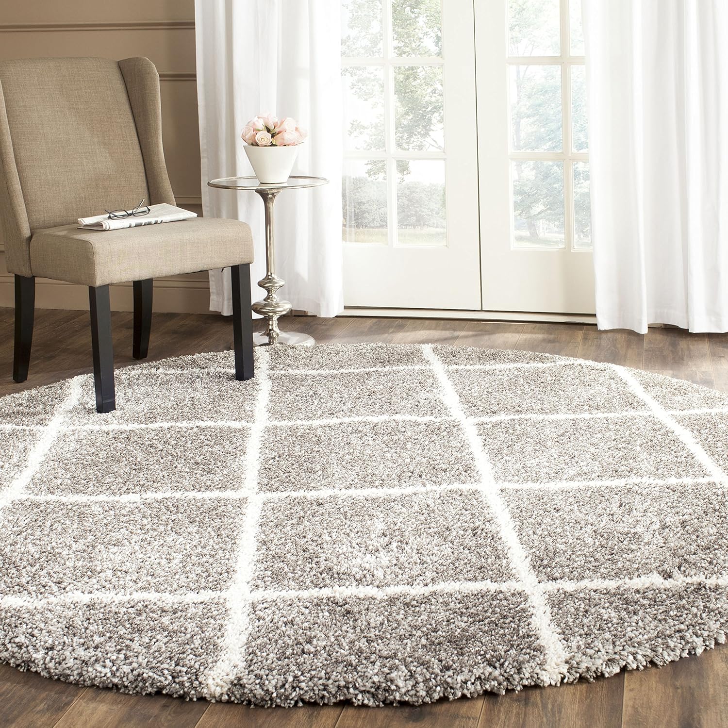 SAFAVIEH Hudson Shag Collection 9' Round Grey/Ivory SGH281B Modern Diamond Trellis Non-Shedding Living Room Bedroom Dining Room Entryway Plush 2-inch Thick Area Rug