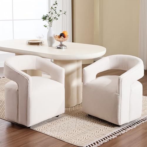 HEAH-YO Barrel Dining Chairs with Casters Set of 2, Linen Upholstered Accent Armchair with Wooden Frame, Single Sofa Chair for Bedroom Living Room Dining Room, Beige