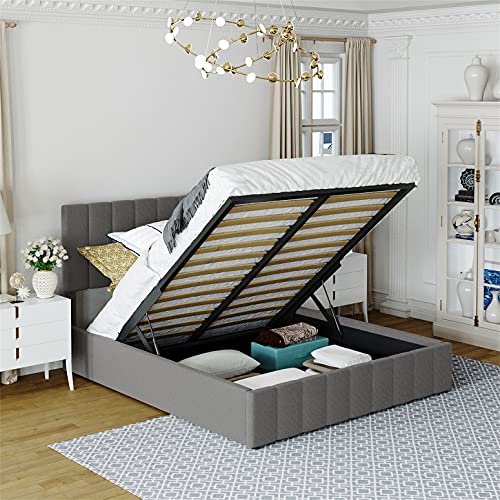 Upholstered Queen beds Gas Lift Up Storage Platform Bed Frame with Tufted Headboard Wooden Slat Support and Under Bed Storage for Kids Teens Adults, Beige