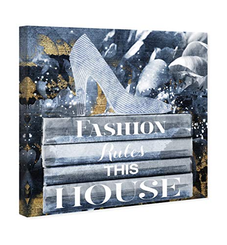 Wynwood Studio Fashion and Glam Contemporary Canvas Art - Fashioner Shoes Bookstack Blue, Wall Art for Living Room, Bedroom, and Bathroom, 12 in x 12, Gray and Gold Home Decor