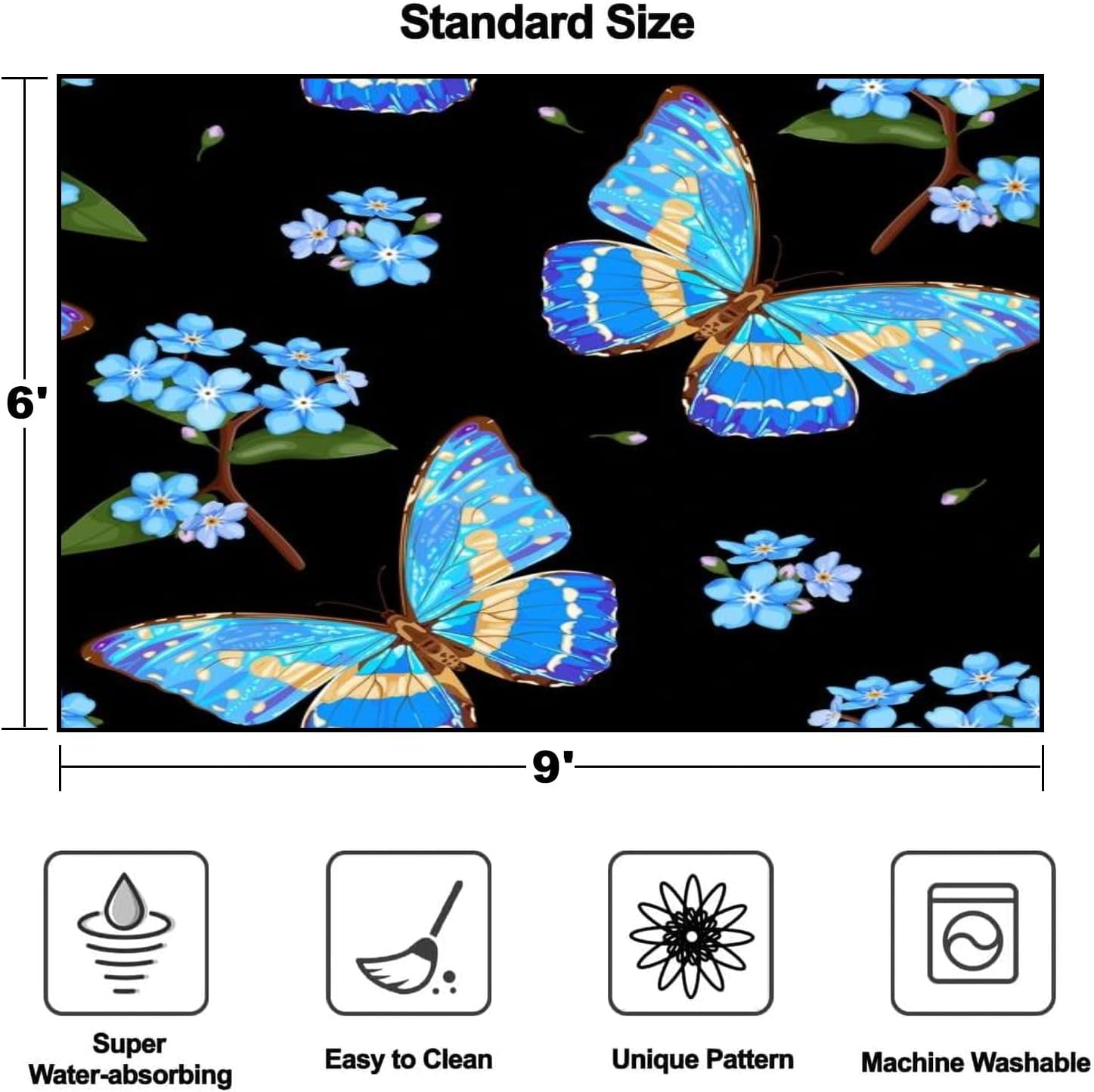 Area Rug Forget me flowers butterflies Floral seamless pattern butterfly Forget Washable 6x9 feet Large Rugs for Bedroom Kitchen Living Room Non Slip Outdoor Carpets Soft Mats for Home Playroom Decor
