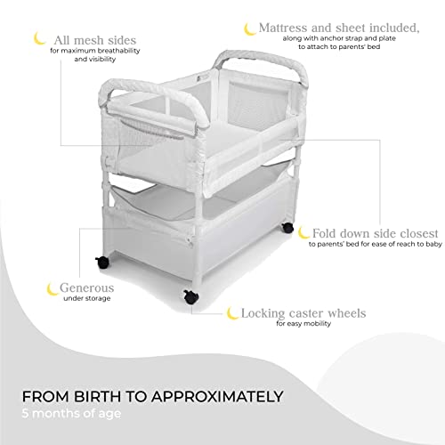 Arm’s Reach Clear-Vue Co-Sleeper Bedside Bassinet Featuring Clear Mesh Panels with Fold-Down Side, Large Attached Storage Basket, 4 Wheels, and Height-Adjustable Legs, White