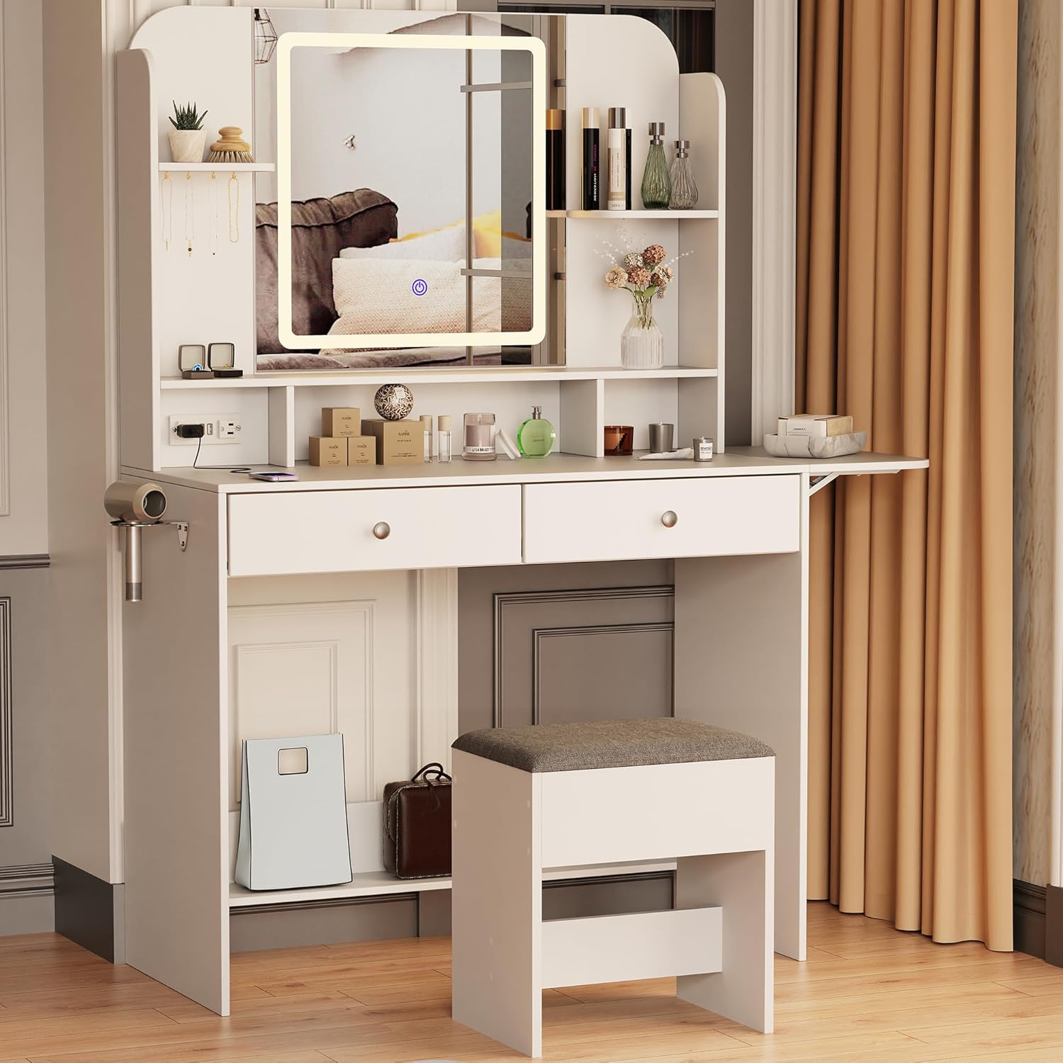 Vanity Set with Mirror and Stool and Lights, Small Makeup Vanity Desk with Fold-Up Panel, Adjustable 3 LED Lighting Colors, White Dressing Table with Open Shelves for Bedroom