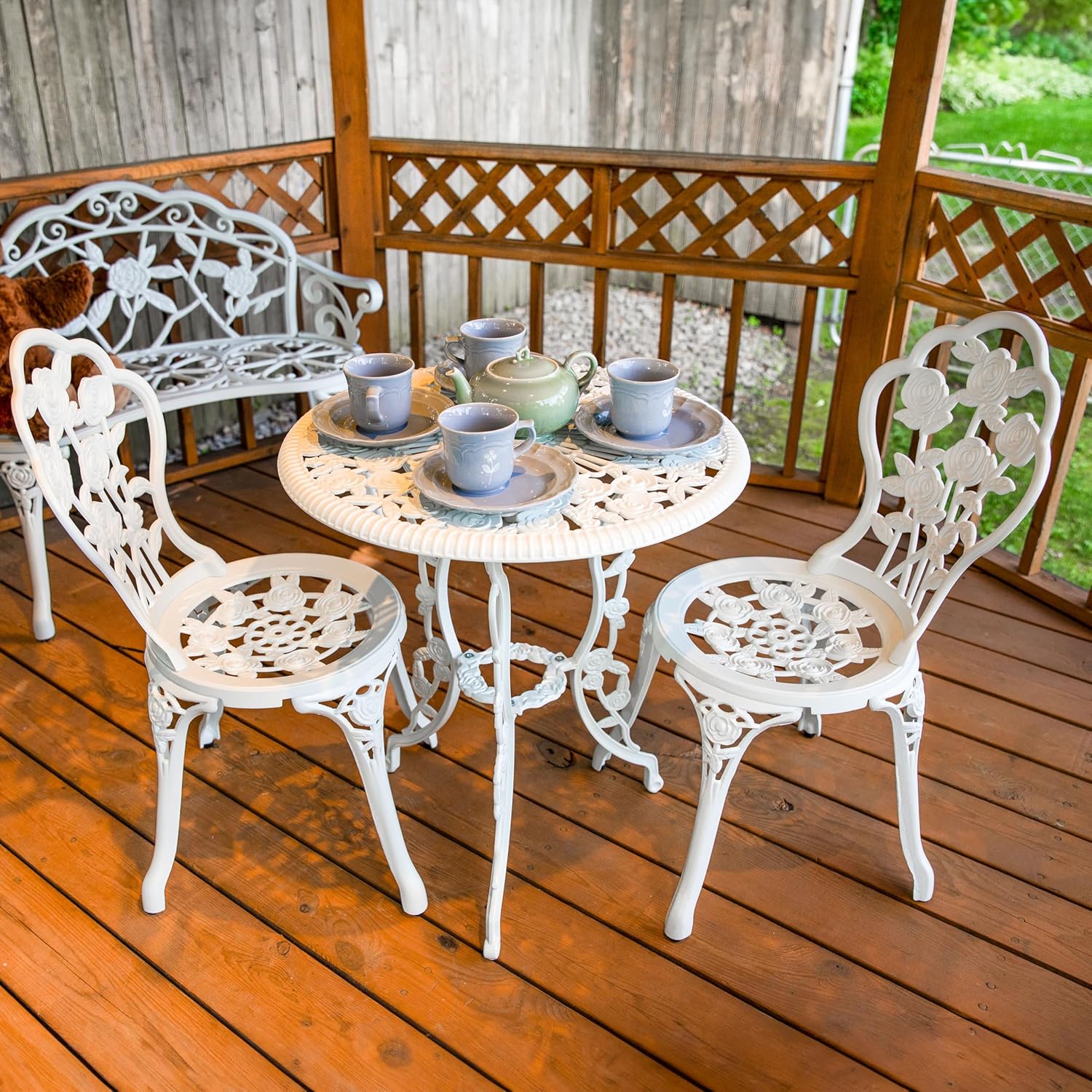 Sunnydaze 3-Piece Flower Designed Bistro Table Set with 2 Chairs, Outdoor Cast Aluminum, White