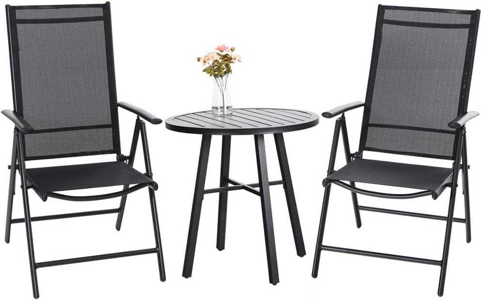 PHI VILLA 3 pcs Patio Bistro Set, Outdoor Bistro Furniture Set with 2 Reclining Folding Sling Chair & 1 Round Metal Side Table