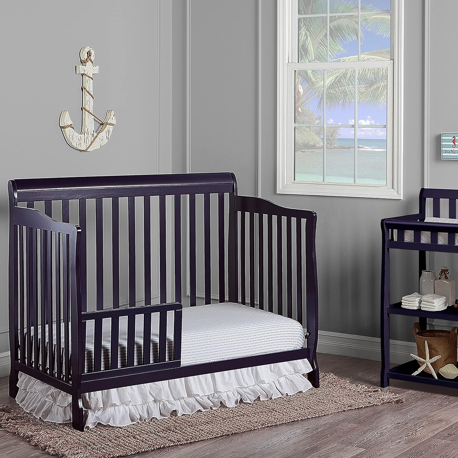 Convertible Crib Toddler Guard Rail In Navy, Converts Cribs To Toddler Beds, Solid Wood Construction