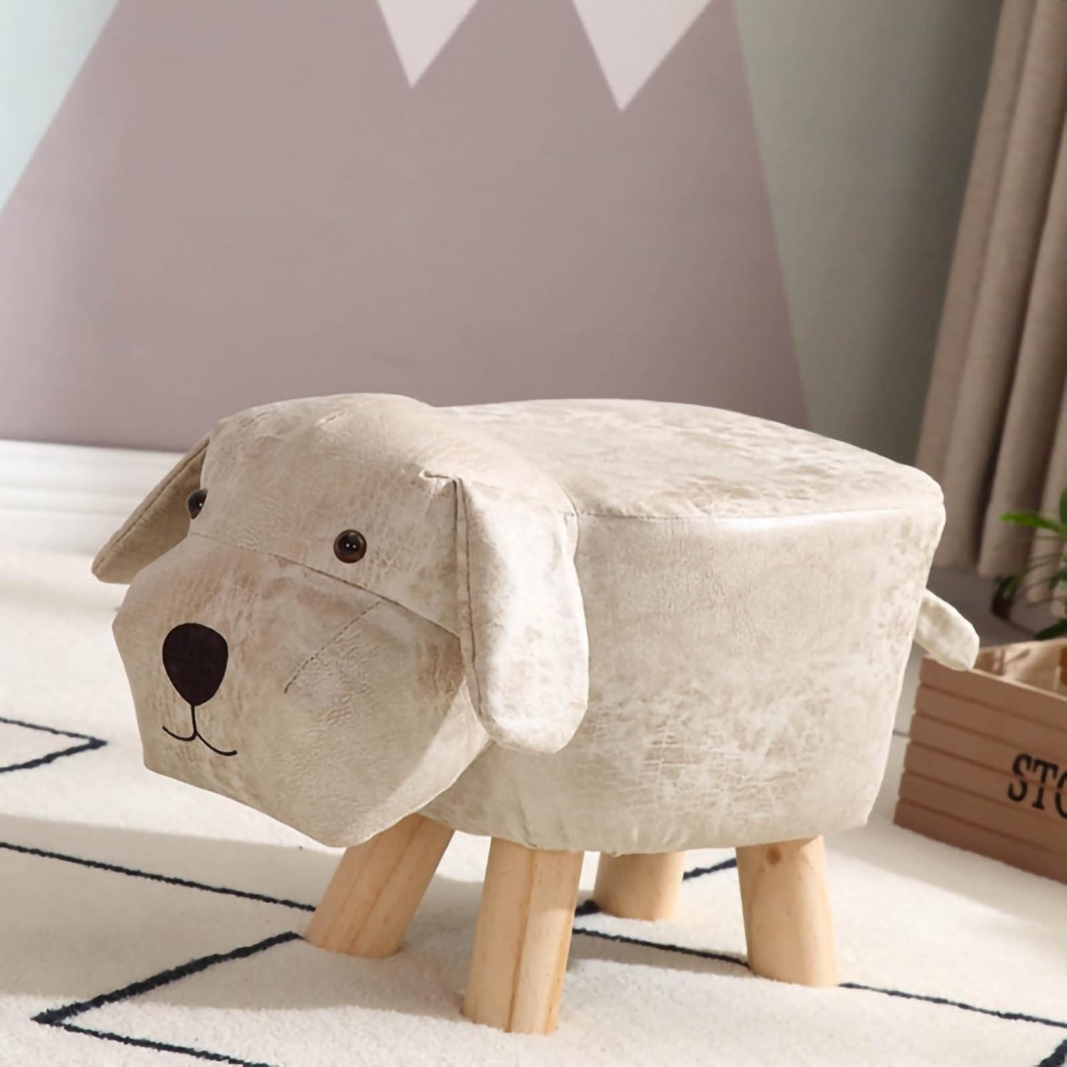 SASKATE Cute Cartoon Children Stool, Small Dog Shape Stool, Portable Children Wooden Low Stools for Home Kindergarten (Beige)