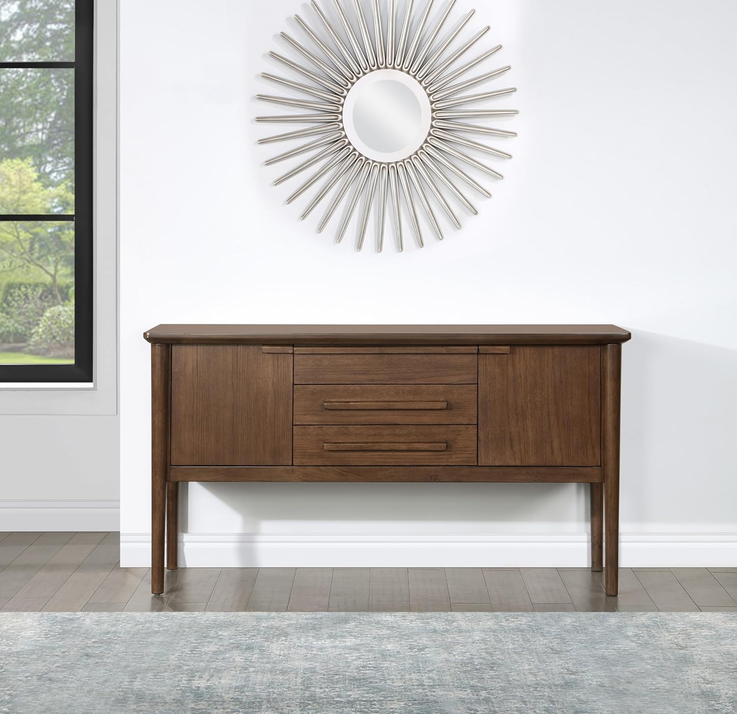 Quinn Asian Hardwood, Chestnut Finish, Mid-Century Modern Styling, Versatile Storage, Oak Veneers Server, Brown