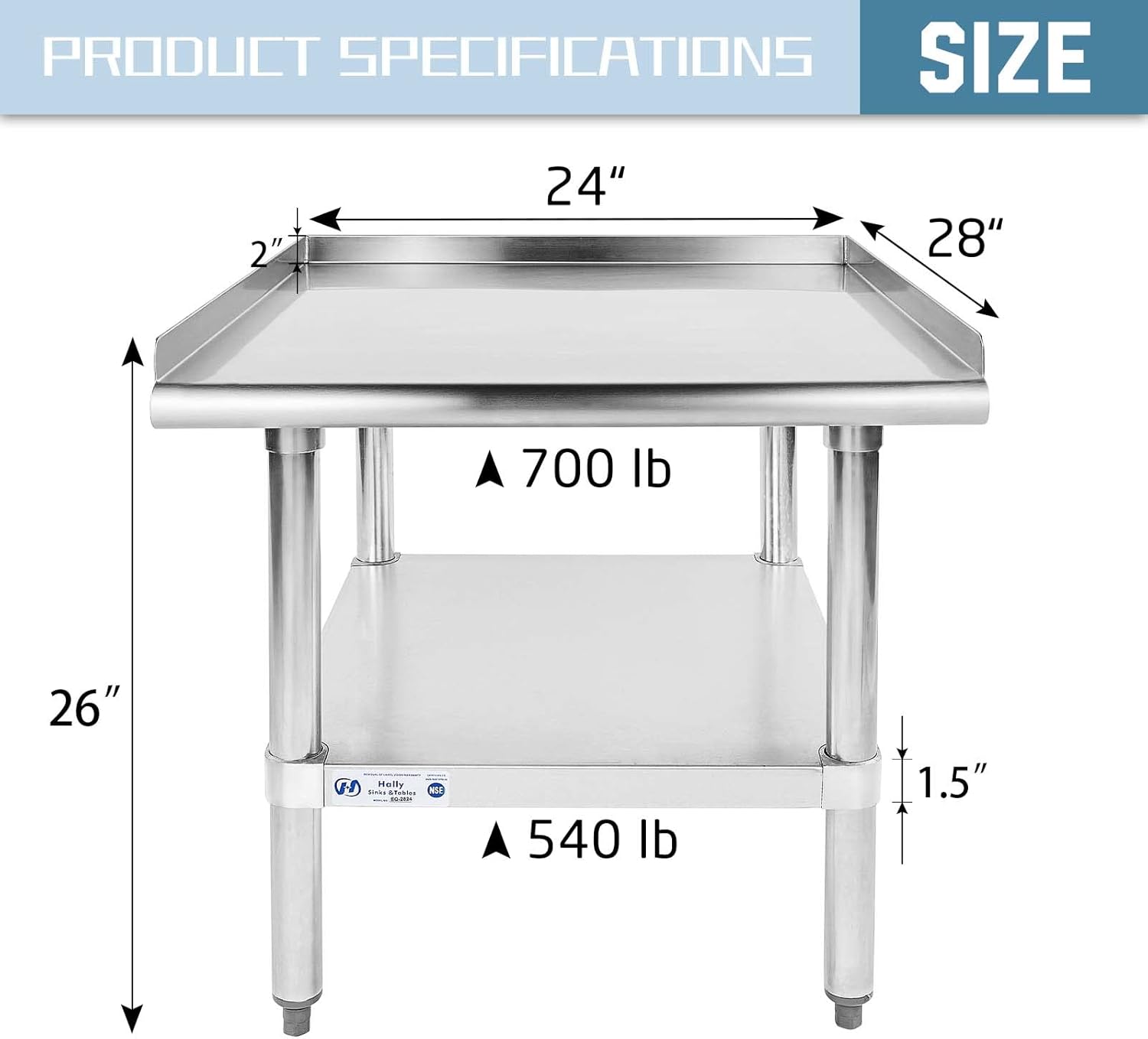 HALLY Stainless Steel Equipment Stand 28x24 Inches with Undershelf, NSF Commercial Prep & Work Table with Rear and Side Risers, Heavy Duty Grill for Kitchen, Bar, Restaurant, Home and Hotel