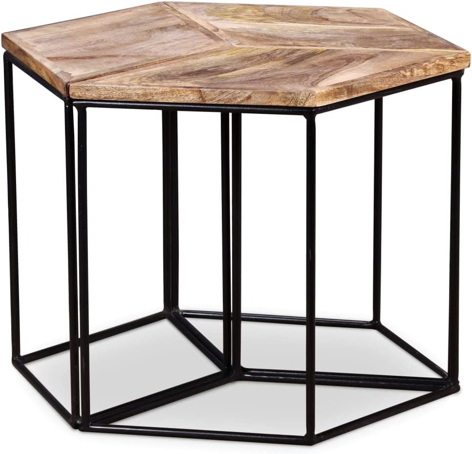 Solid Mango Wood Coffee Table, 3 Pieces, Assembled Nesting Table 56x48x40cm with Modular Iron Frame, Vintage Side Tables, Nightstands for Living Room, Bedroom